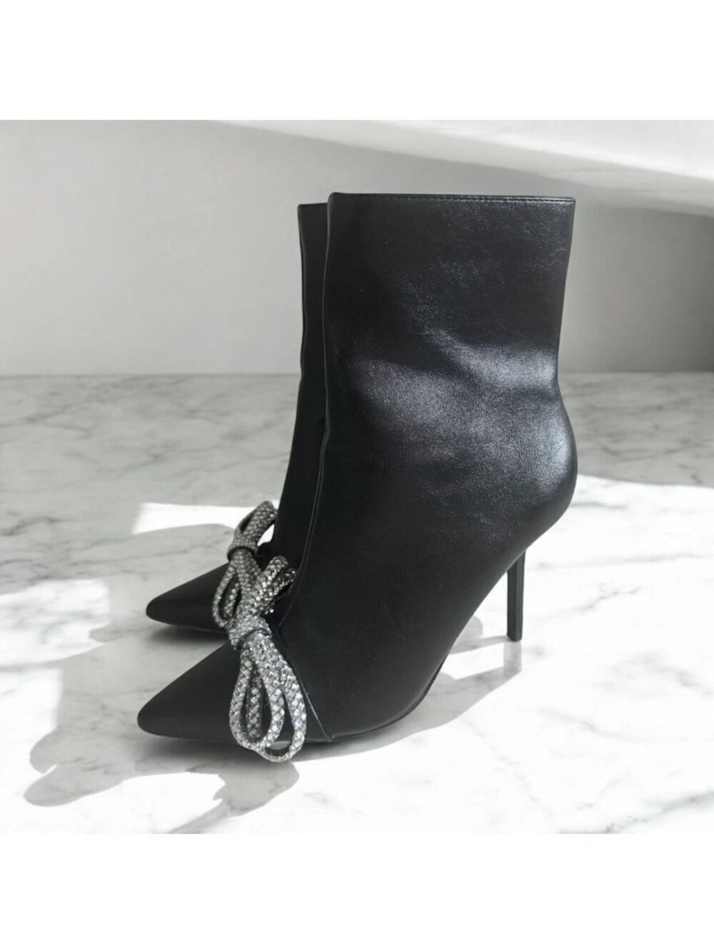 WINDSOR Flora Black Rhinestone Jeweled Bow Heels Boots Size 7